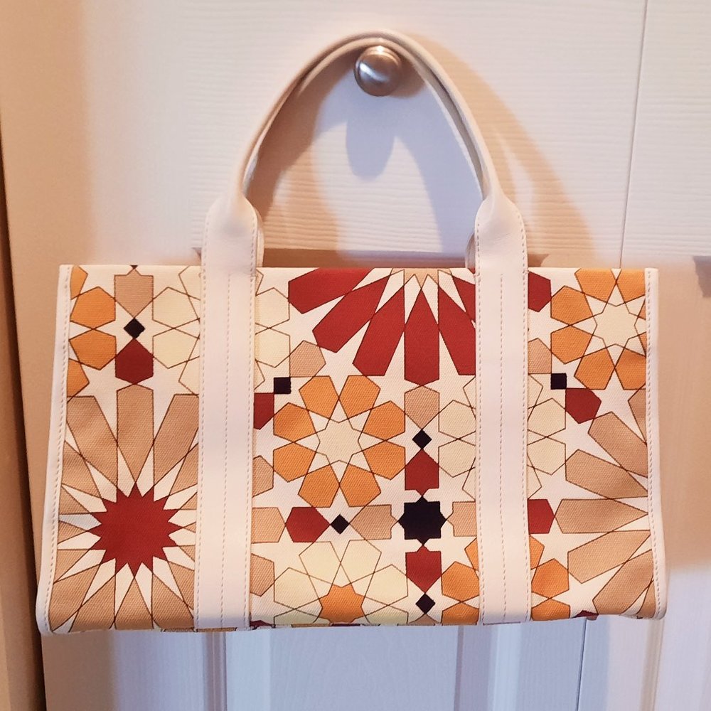 Like NEW Furla Flower Power Canvas Tote with Cream Leather Trim